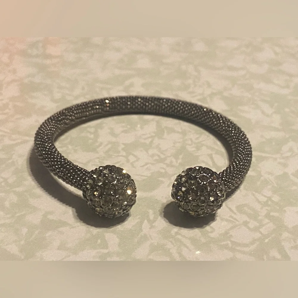 Silver Tone Mesh Rhinestone Flexible Cuff Bracelet #7690